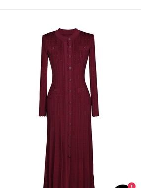 Sandro Long Sleeve Burgundy Button-Front Knit Maxi Dress
